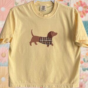 Patchwork Dog Dachshund Yellow Embroidered Tee Shirt Comfort Colors Size Small